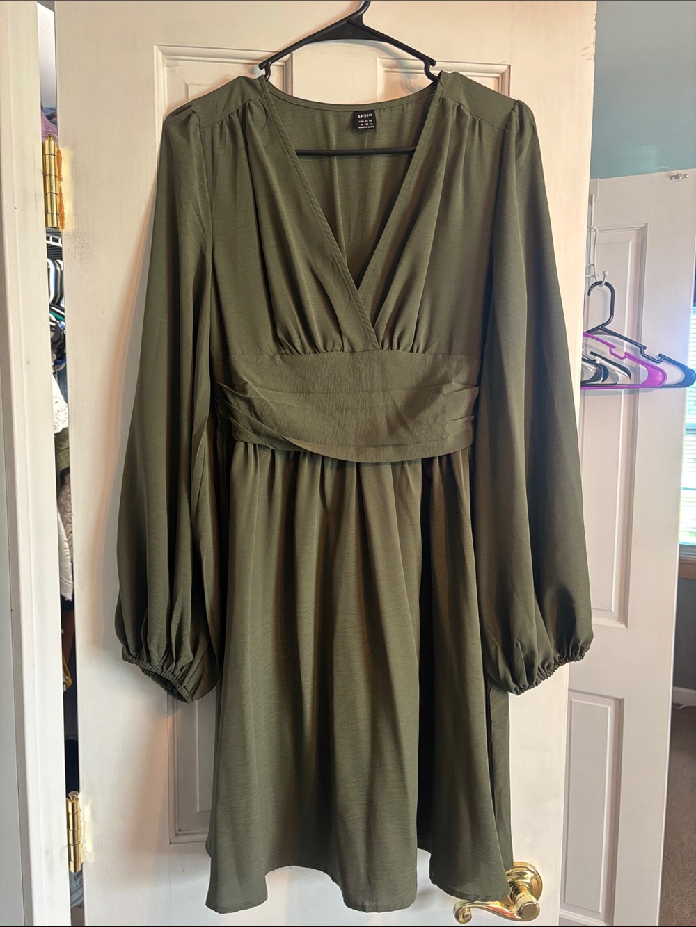 SHEIN Olive Green V-Neck Long Sleeve Empire Waist Dress